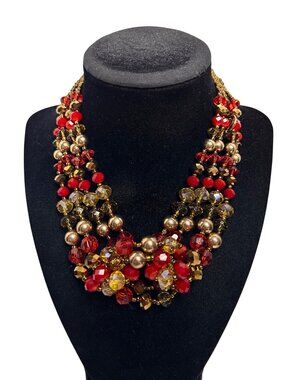 Erica Lyons Gold Tone Red And Champaign Beaded Necklace (6309)